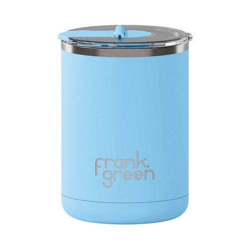frank green 12oz Coffee Cup w Hinged Screw Lid Chrome Light Blue